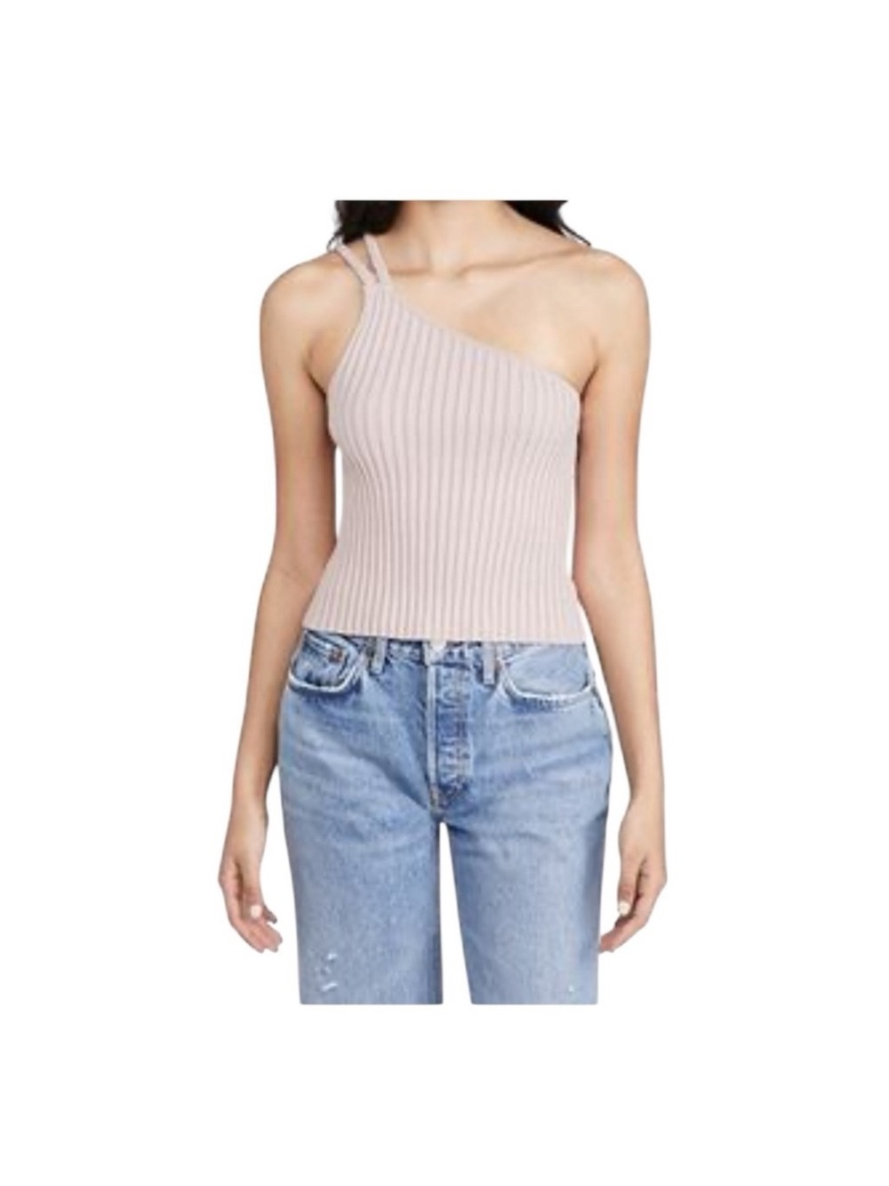 525 American sexy mauve nude ribbed knit stretch one shoulder top large